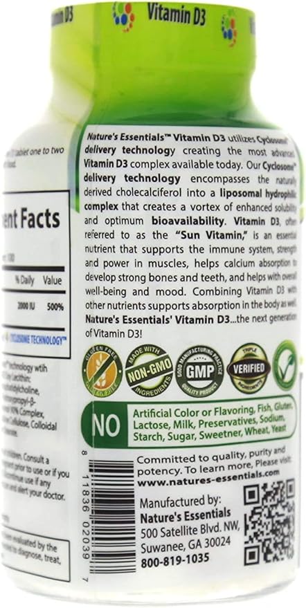 NATURE'S ESSENTIALS Vitamin D3 2000IU | Immune Support | Advanced Cyclosome Liposomal Delivery | Non-GMO Gluten Free Vegetarian | 100 Tablets