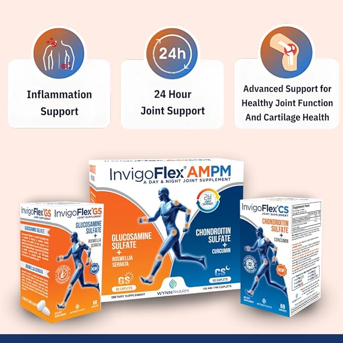INVIGOFLEX Glucosamine &amp Chondroitin Sulfate - Turmeric Curcumin - Boswellia Serrata (Non GMO) 24 - Hour Premium Joint Supplement AMPM - 2 Pack