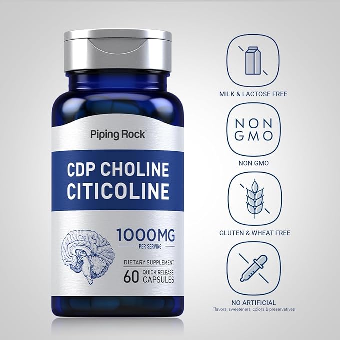 Piping Rock CDP Choline Citicoline 1000mg | 60 Quick Release Capsules | for Men and Women | Non-GMO Gluten Free Dietary Supplement