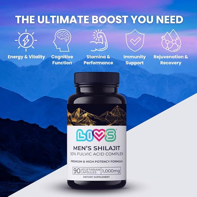 LIVS Himalayan Shilajit for Men 1000mg per Serving with 50% Fulvic Acid | Supports Energy Immune Health &amp Vitality | Vegan Gluten-Free with Probiotics – 180 Capsules