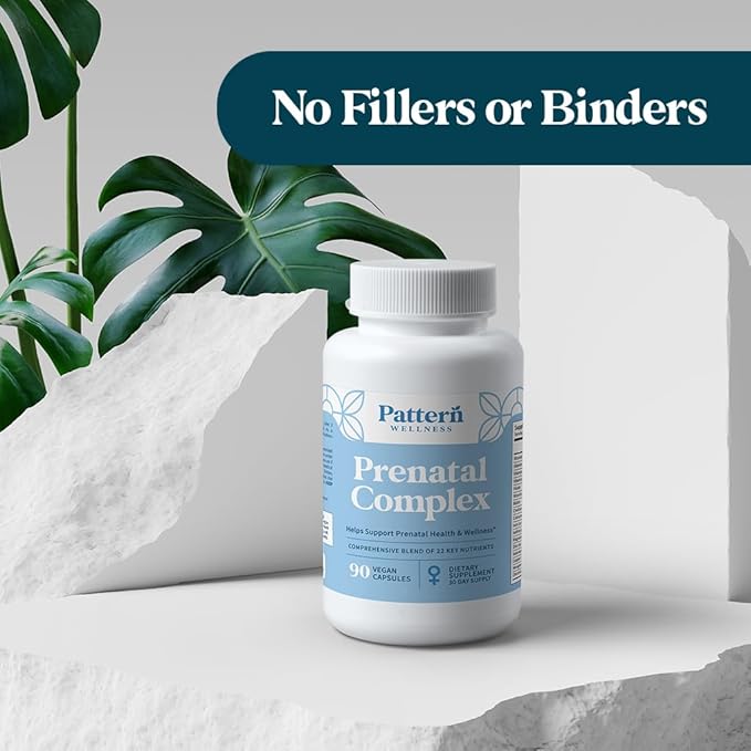 Pattern Wellness Prenatal Complex for Women – Prenatal Vitamin with DHA Folate Iron Probiotics &amp Biotin – Support from Preconception to Postpartum - 90 Capsules