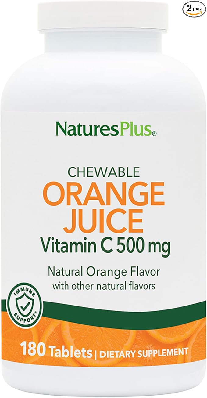 NaturesPlus Orange Juice - 180 Chewable Tablets 2 Pack - 500 mg Vitamin C - High-Potency Immune Support Supplement Antioxidant - Gentle on Stomach - Vegan Gluten Free - 360 Servings