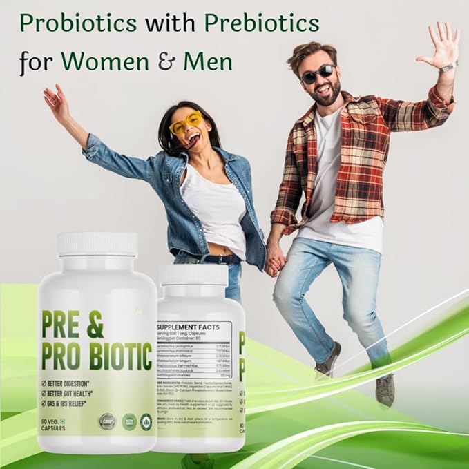 Probiotic and Prebiotic Capsules for Women and Men Gut Health Support for Digestive Wellness- Vegan Non-GMO Gluten Free - 60 Caps (60 Day Servings)