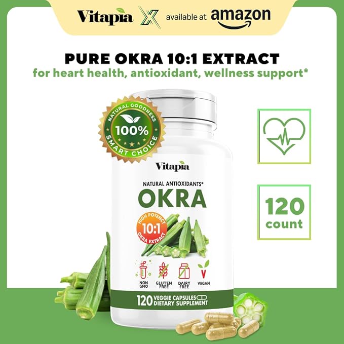 Vitapia Okra Extract - Heart Health Antioxidant Gut &amp Digestion Wellness Support - 10:1 Ratio &amp 120 Veggie Capsules - Non-GMO Gluten-Free Vegan Supplement