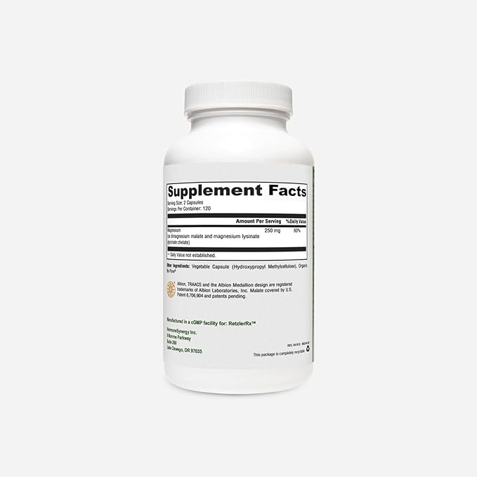 RetzlerRx UltraMag 125 Magnesium Glycinate Supplement - 240 Capsules with Patented TRAACS for Enhanced Absorption - Supports Cardiovascular Health Muscle Function Bone Health &amp Strength