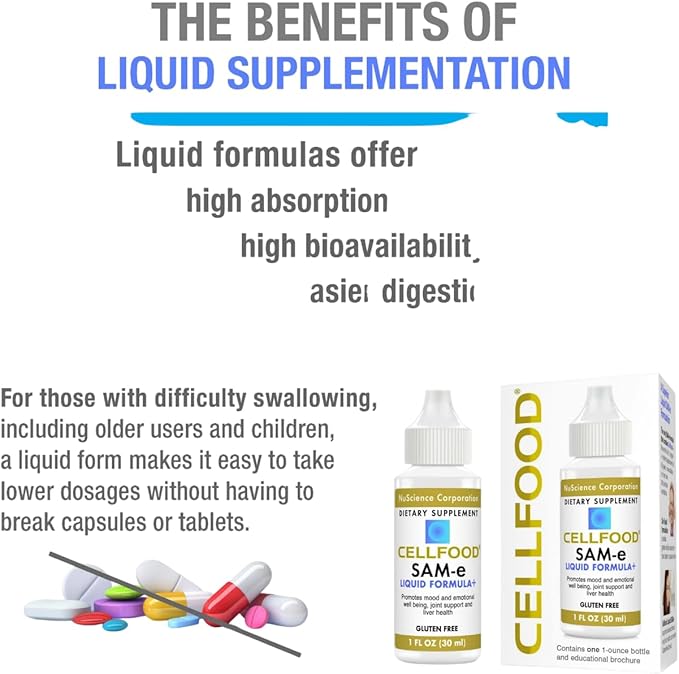 Cellfood SAM-e Liquid Formula+ 1 fl oz - Joint Support &amp Liver Health - Liquid for Easier Absorption &amp Better Bioavailability - Gluten Free Non-GMO - 30-Day Supply