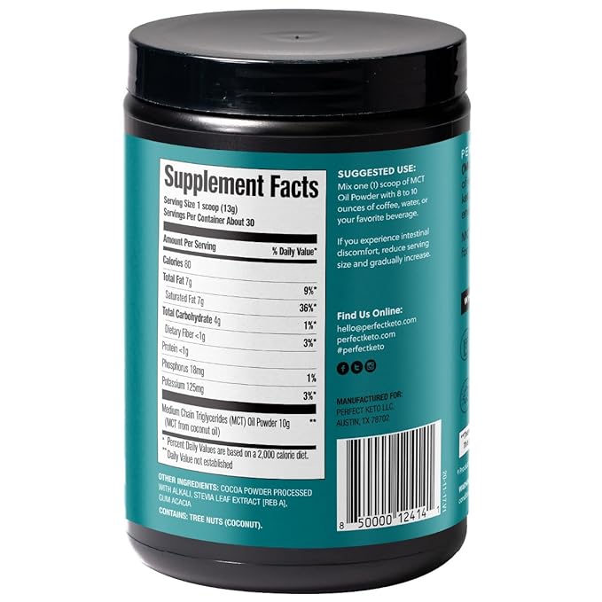 Perfect Keto 7g MCT Oil Powder Medium Chain Triglycerides Supplement Non Dairy Coffee Creamer for Keto Diet Ketogenic MCT Oil Mix for Coffee Smoothie Protein Shakes Chocolate 30 Servings