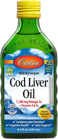 Carlson - Cod Liver Oil 1100 mg Omega-3s Liquid Fish Oil Supplement Wild-Caught Norwegian Arctic Sustainably Sourced Nordic Liquid Lemon 250 ml