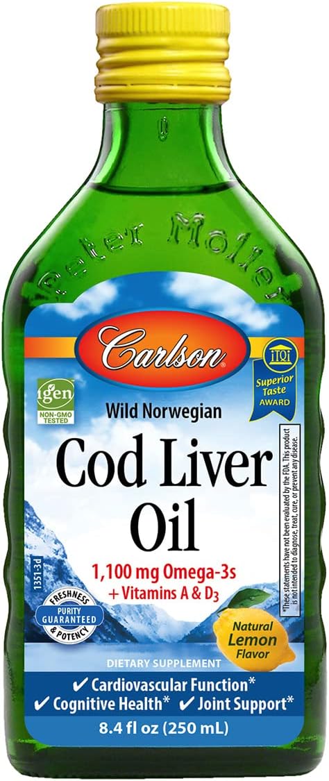 Carlson - Cod Liver Oil 1100 mg Omega-3s Liquid Fish Oil Supplement Wild-Caught Norwegian Arctic Sustainably Sourced Nordic Liquid Lemon 250 ml