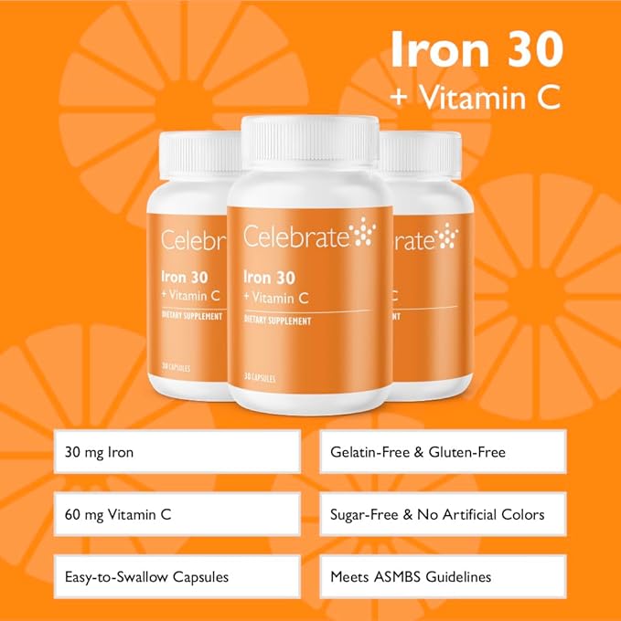 Celebrate Vitamins Iron Supplement with Vitamin C - 30mg Iron 60mg Vitamin C Bariatric Vitamins for WLS Patients Vertical Sleeve &amp Gastric Bypass Surgery – 90 Capsules