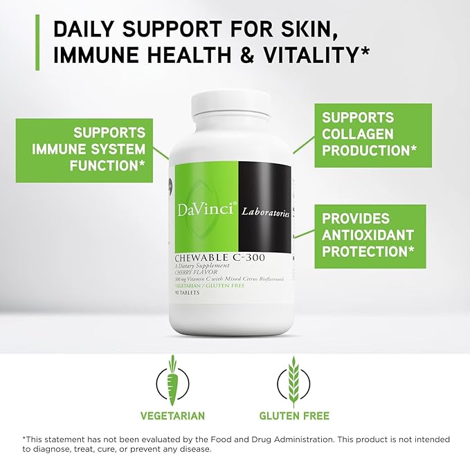 DaVinci Labs Chewable C-300 - Vitamin C Supplement to Support Immune Health Cholesterol and Collagen Production - With Vitamin C Pectin and More - Gluten-Free - Cherry Flavor - 90 Vegetarian Tablets