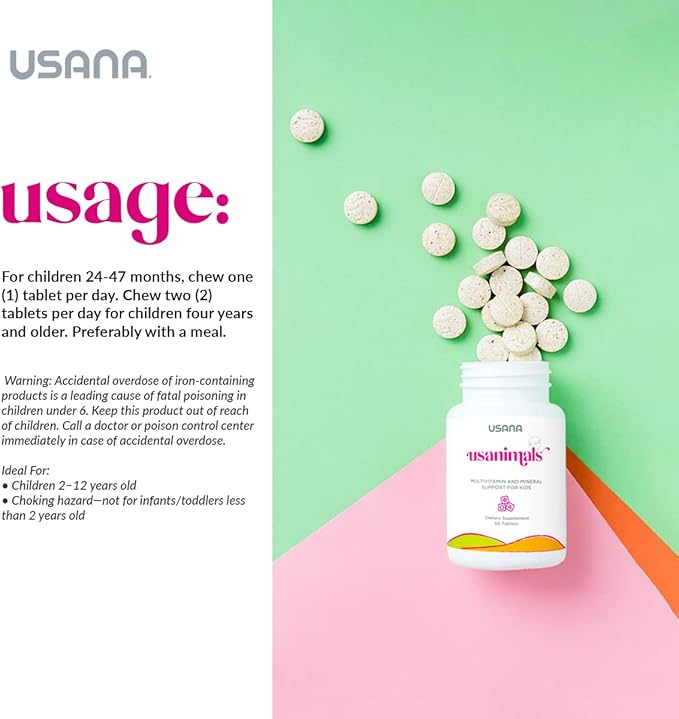 USANA Usanimals Multivitamin for Kids - Daily Chewable Tablets with Vitamins A C D E B6 B12 Zinc Iron - Supports Immune Bone &amp Brain Health - Essential Nutrients for Ages 2-12 - 56 Tablets