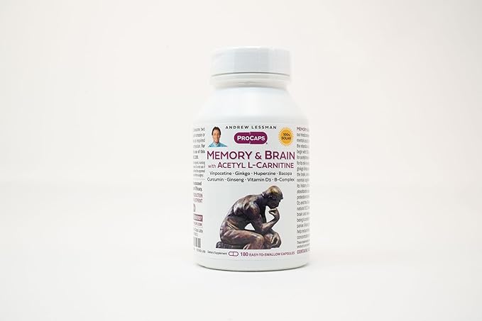 ANDREW LESSMAN Memory &amp Brain + Acetyl L-Carnitine Kit: 180 + 180 Capsules – Naturally Supports Brain Memory and Mental Acuity. with Ginkgo Biloba Bacopa Curcumin Ginseng B-Complex Vitamin D