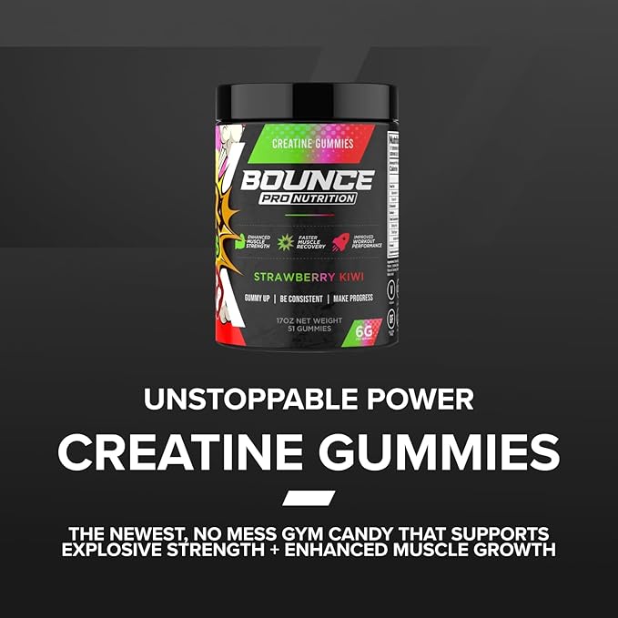 Bounce Pro Creatine Monohydrate Gummies for Men &amp Women Low Calorie 6G of Creatine per Serving Vegan Anti-Melting Gluten-Free Non-GMO (51 Count (Pack of 1) Strawberry Kiwi)