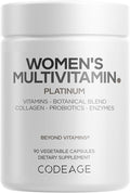 Codeage Women’s Multivitamin Platinum - Vitamins A D3 K1 K2 B12 &amp Minerals CoQ10 Skin Hair &amp Nails Complex Collagen Botanicals Probiotics Fermented Greens Lutein Astaxanthin - 90 Caps