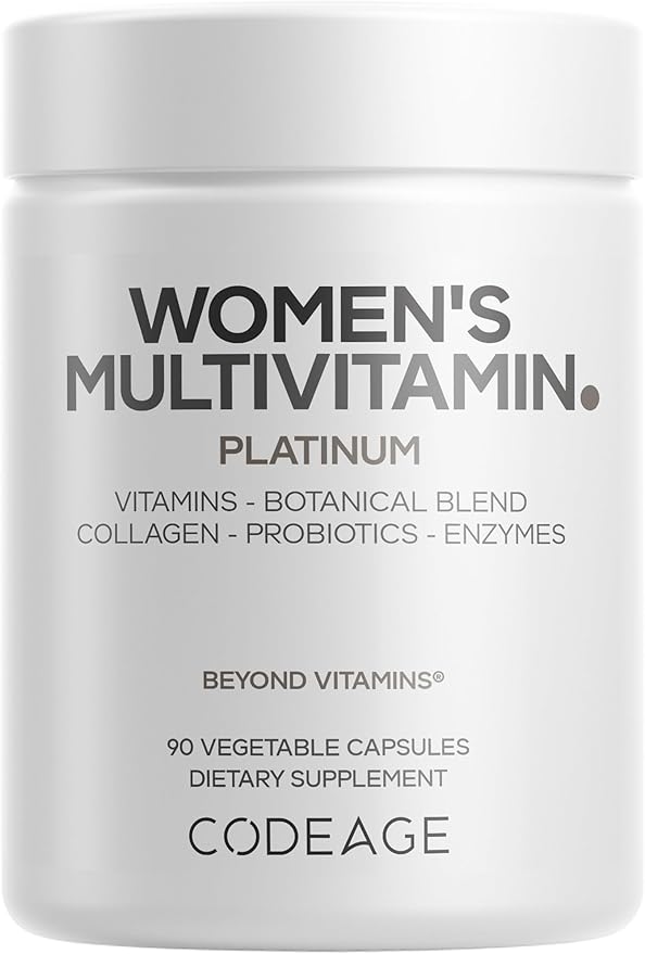 Codeage Women’s Multivitamin Platinum - Vitamins A D3 K1 K2 B12 &amp Minerals CoQ10 Skin Hair &amp Nails Complex Collagen Botanicals Probiotics Fermented Greens Lutein Astaxanthin - 90 Caps