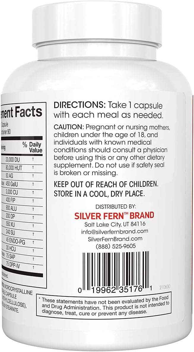 Silver Fern Brand Ultimate Digestive Enzyme Supplement - 1 Bottle = 90 Capsules - High Potency Multi Enzyme - Digestive Comfort &amp Food Tolerance - Hemicullulase Peptidase Maltase More