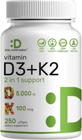 DEAL SUPPLEMENT Vitamin D3 5000 IU + K2 MK7 Softgels 250 Count | 2-in-1 Complex | Easy to Swallow