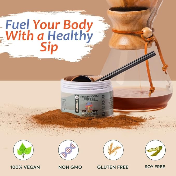 Ambica Instant Mushroom Coffee Ground USDA Organic With Ten Mushroom Coffee with Lion’s Mane Reishi Cordyceps &amp Chaga for Immnue Support &amp Gut Health Better Energy &amp Focus 24 Servings