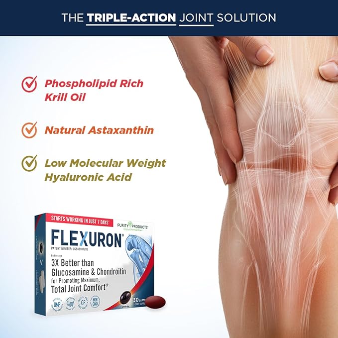 Purity Products Flexuron Joint Formula 3X Better Than Glucosamine and Chondroitin - Starts Working in just 7 Days - Krill Oil Low Molecular Weight Hyaluronic Acid Astaxanthin - 30 Count (1)
