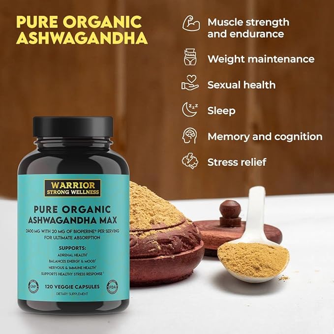 Pure Organic Ashwagandha Capsules with Bioperine - 2400 mg - 120 Capsules - Healthy Stress Response and Mood Boost Immune Health Better Sleep