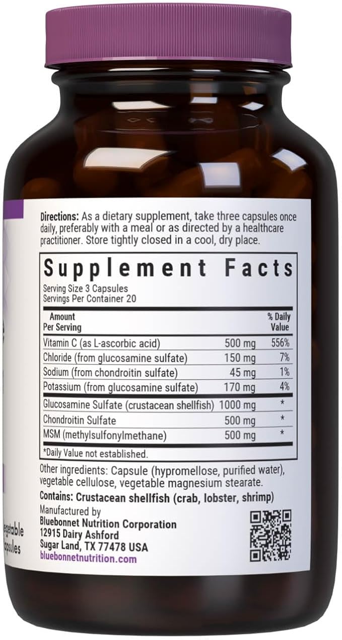 Bluebonnet Nutrition Glucosamine Chondroitin &amp MSM Glucosamine Bone &amp Joint Health* Non-GMO Gluten-Free Soy-Free Dairy-Free 60 Vegetable Capsules 20 Servings