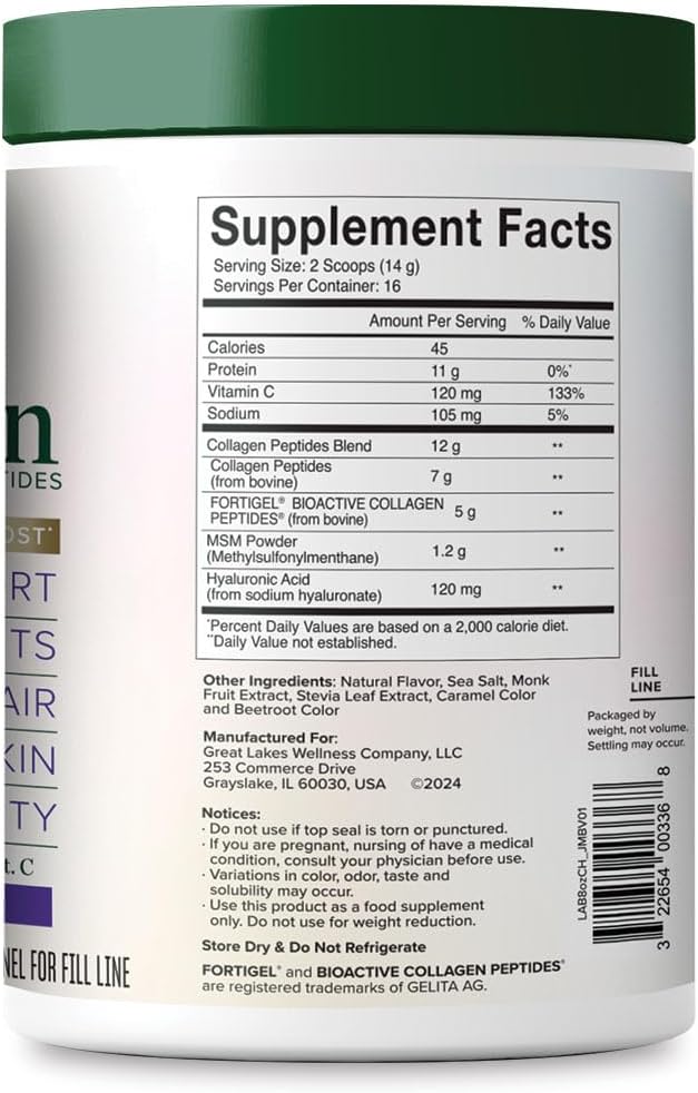 Great Lakes Wellness Movement Boost Advanced Collagen Peptides Powder with MSM Hyaluronic Acid Vitamin C - Joint Mobility &amp Comfort - Caramel Flavored - Non-GMO Keto Kosher - 8 oz
