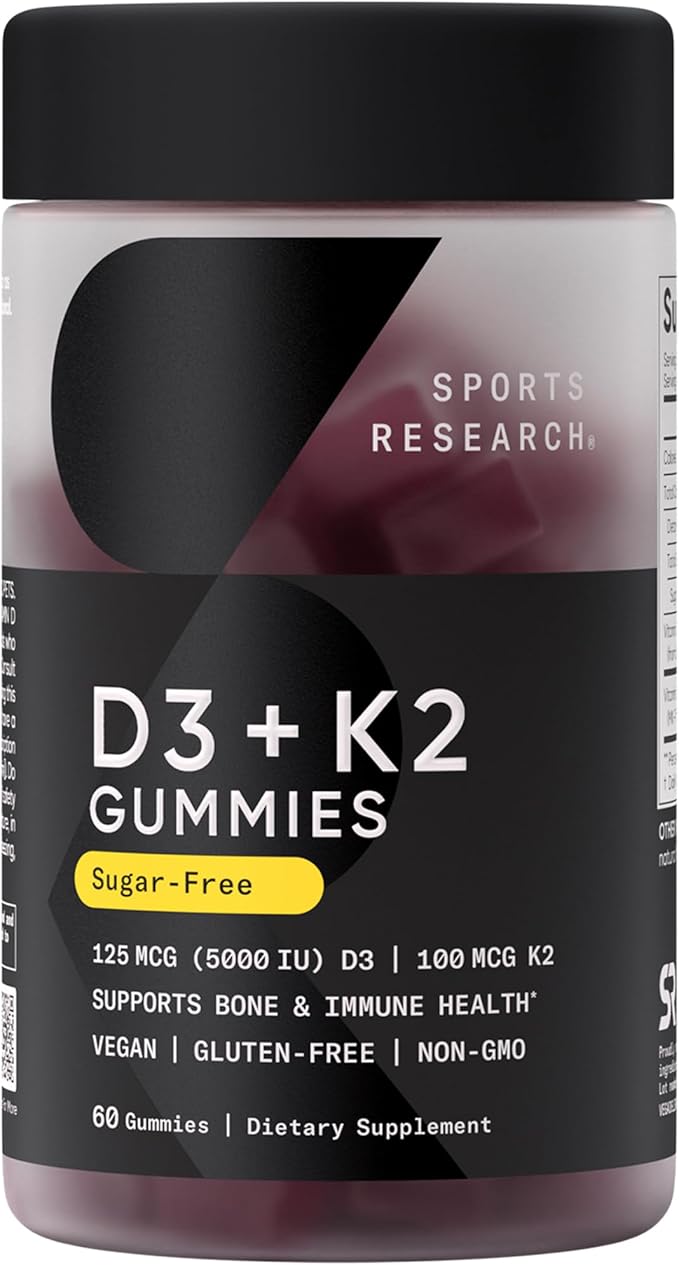Sports Research® Vegan Vitamin D3 + K2 Sugar-Free Gummies - 125mcg (5000iu) Vitamin D w/ 100mcg Mk7 Vitamin K - Supports Bone &amp Immune Health* - Vegan Certified · Non-GMO · Soy Free - 60 Count