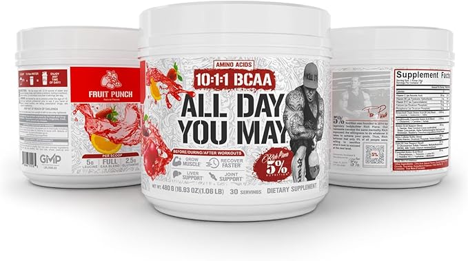 5% Nutrition Rich Piana AllDayYouMay BCAA Powder Premium Intra &amp Post Workout Amino Acids Hydration Endurance Muscle Recovery Joint &amp Liver Support | 16.93 oz 30 Servings (Fruit Punch)