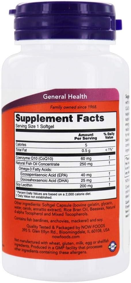 NOW Foods CoQ10 w/Omega 3 Fish Oils 60 mg 60 Sgels (Pack of 2)