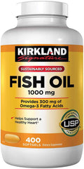 Kirkland Signature Omega-3 Fish Oil Concentrate 1000 mg Fish Oil with 30% Omega-3s (300 mg)  1200 SoftGels (3 Bottles of 400)