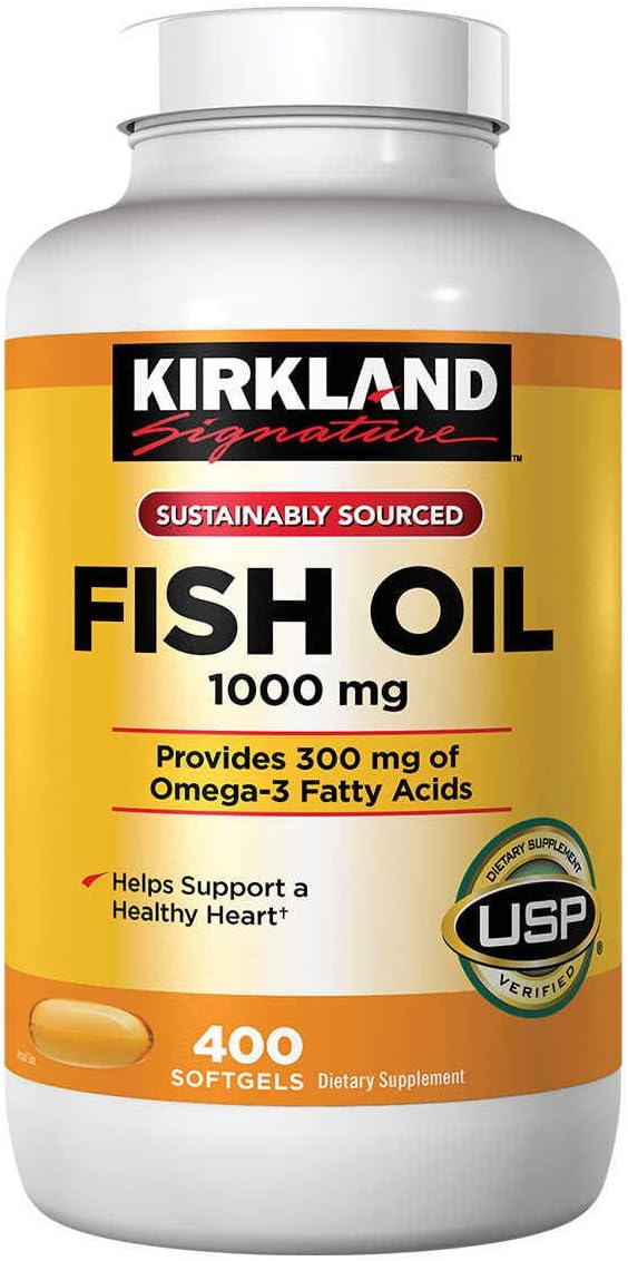 Kirkland Signature Omega-3 Fish Oil Concentrate 1000 mg Fish Oil with 30% Omega-3s (300 mg)  1200 SoftGels (3 Bottles of 400)