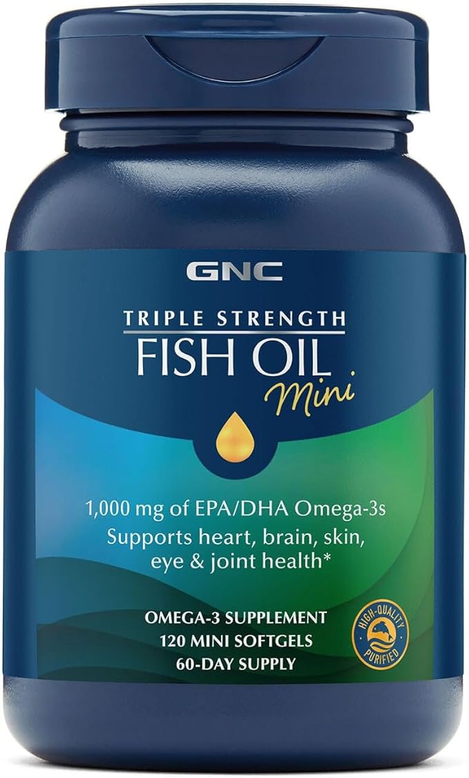 GNC Triple Strength Fish Oil Mini Omega 3 Supplement 1000mg EPA and DHA Supports Heart Brain Skin Eye and Joint Health 120 Mini Softgels