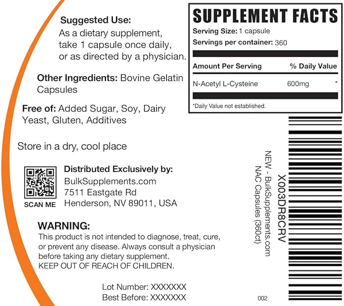 BulkSupplements.com N-Acetyl L-Cysteine Capsules - N-Acetyl Cysteine 600mg NAC Supplement - 600mg per Capsule Gluten Free - 1 NAC Capsule per Serving 360 Capsules (Pack of 1)