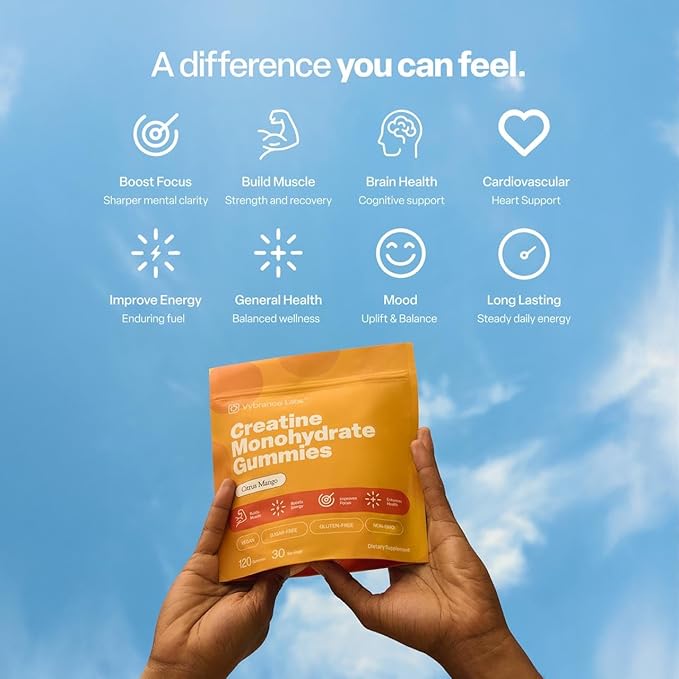 VYBRANCE LABS 3-in-1 Creatine Monohydrate Gummies | 5g Creatine + Taurine + Vitamin B12 | Muscle Strength Brain Energy &amp Focus | Sugar-Free Vegan | Men &amp Women | Citrus Mango