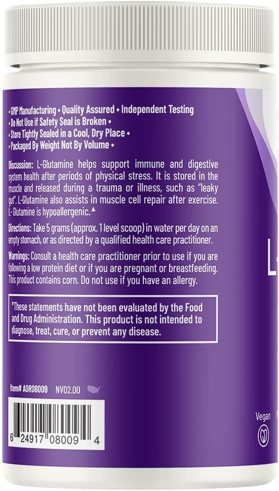 AOR L-Glutamine Powder 5000mg 450g (90 Servings) – Clean Amino Acid for Active Lifestyles &amp Daily Wellness Support Product of Canada