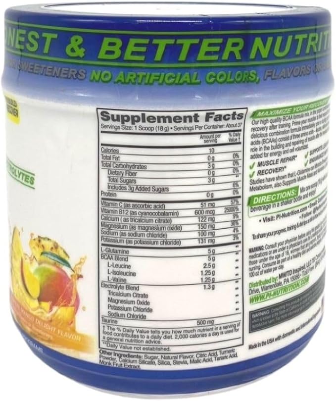 PERFORMANCE INSPIRED Nutrition BCAA Powder – 5G BCAA with Electrolytes Taurine &amp Glutamine – All-Natural Recovery &amp Clean Formula – Tropical Mango Delight – 1.46 lb