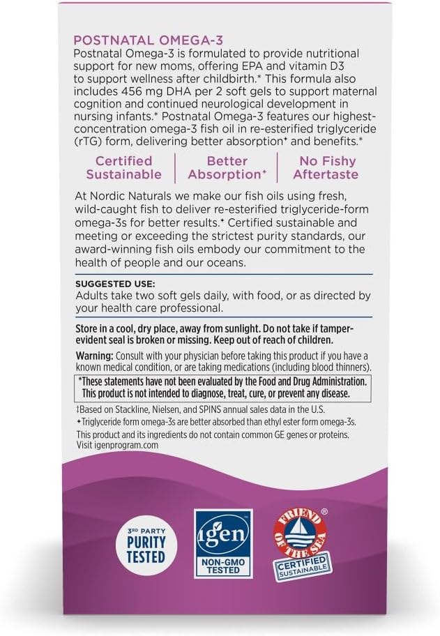 Nordic Naturals Postnatal Omega-3 Lemon - 60 Soft Gels - 1120 Total Omega-3 + 1000 IU Vitamin D3 - Formulated for New Moms Supports Optimal Wellness Positive Mood Healthy Metabolism - 30 Servings