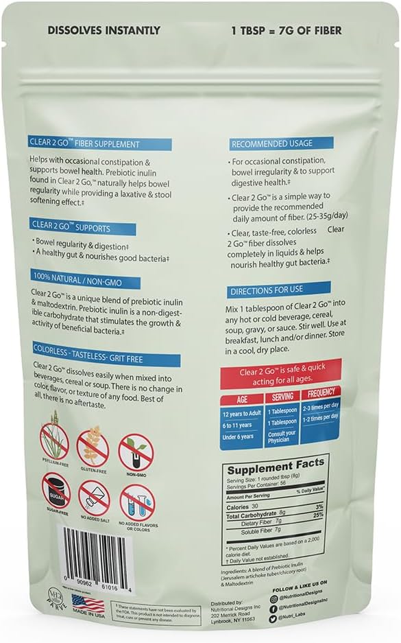 Nutritional Designs Prebiotic Fiber Supplement Powder - Inulin Soluble Fiber - All Natural Sugar &amp Gluten Free Dietary Fiber - Daily Fiber for Bowel Health Clear 2 Go - 15.8 Oz