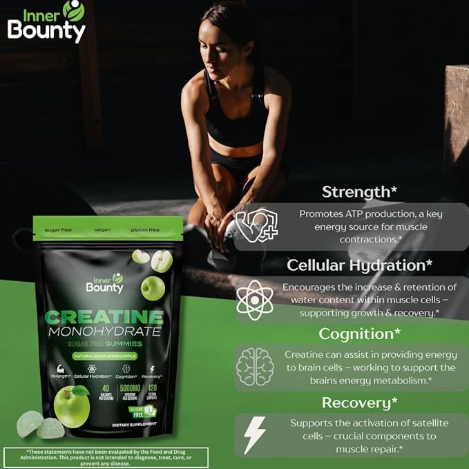 Sugar Free Creatine Monohydrate Gummies 5g Natural Sour Green Apple - 120 Vegan Chews for Men and Women. Cognition and Muscle Support Cellular Energy - Non-GMO &amp Gluten-Free