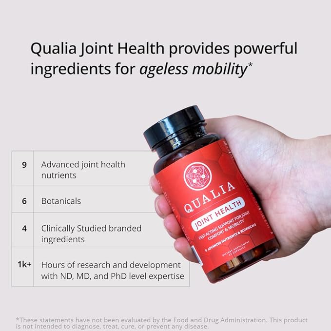 Qualia Joint Health 9 Advanced Joint Health nutrients: denatured Collagen boswellia tumeric Boron Ginger L-carnitine. Cartilage Health Tendon Strength Healthy Joint Aging (1 Month Supply)