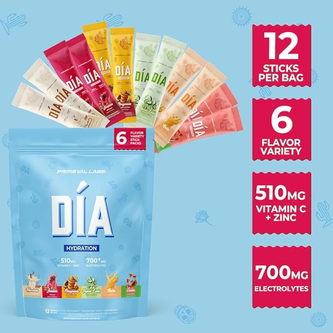 Primeval Labs Dia Hydration Powder | 6 Flavor Variety Pack | Electrolyte + Vitamin C + Zinc Drink Mix | Hydration Support for Men &amp Women | 12 Sticks Per Pack