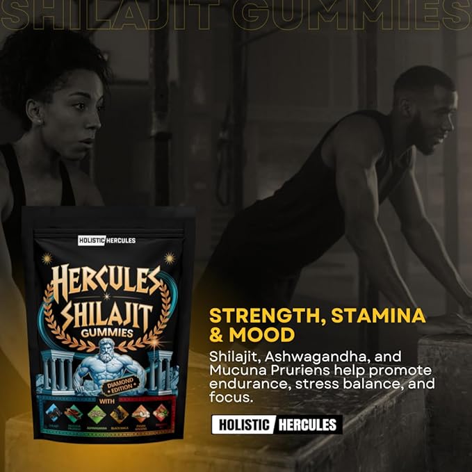 Holistic Hercules Himalayan Gold Shilajit Gummies with Ashwagandha Black Maca Tongkat Ali Panax Ginseng Mucuna | 100% Natural Organic | Vegan Non-GMO Sugar-Free (30)