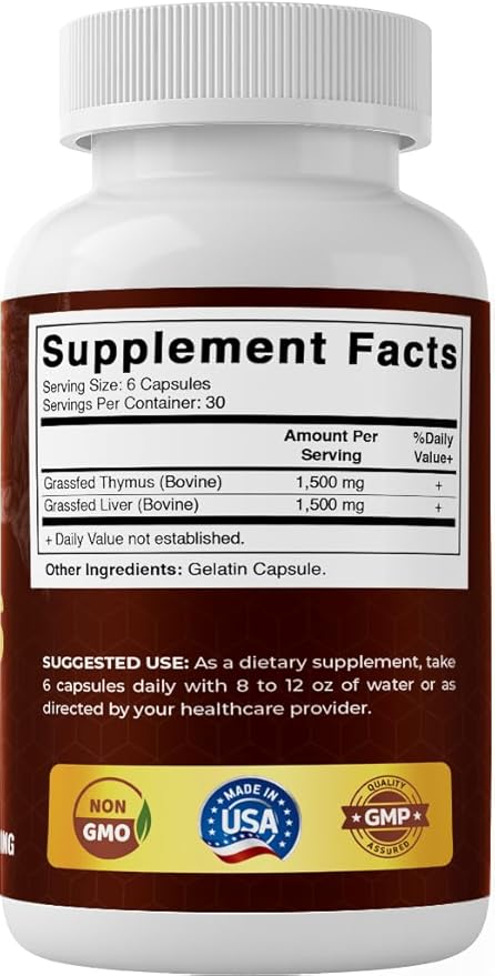 Vitamatic Grass-Fed Beef Thymus + Liver 180 Capsules – Freeze-Dried Non-GMO Bovine Liver Supplement – Pasture-Raised Glandular-Based Formula