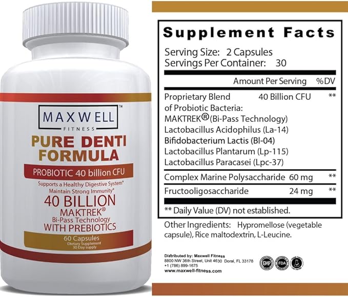 Pure Denti Pro Formula Probiotic 40 Billion CFU with Prebiotics Dental Health Bad Breathe Solution 60 Capsules 30 Day Supply (2)