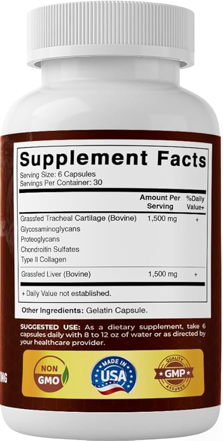 Vitamatic Grass-Fed Beef Trachea with Liver 180 Capsules – Freeze-Dried Non-GMO Bovine Liver Supplement – Pasture-Raised Glandular-Based Formula