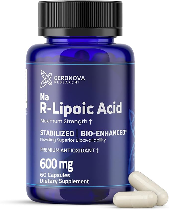 Geronova Research Bio-Enhanced R-Lipoic Acid 600 mg Dose - 1 Month Supply - Stabilized R Alpha Lipoic Acid with Enhanced Absorption - R Lipoic Acid Supplement - 60 Capsules