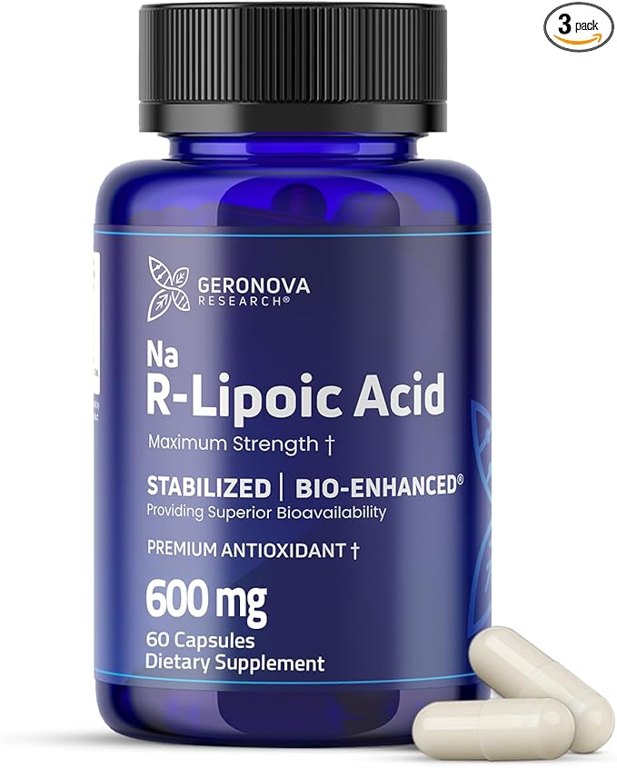 Geronova Research Bio-Enhanced R-Lipoic Acid 600 mg Capsules - 3 Month Supply - Stabilized R Alpha Lipoic Acid with Enhanced Absorption - R Lipoic Acid Supplement - 180 Count