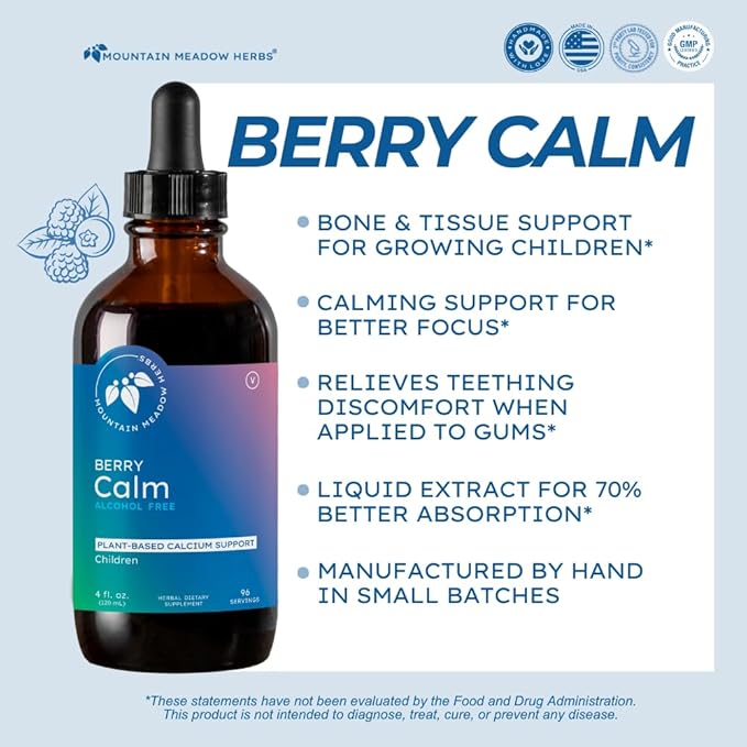 Mountain Meadow Herbs Berry Calm for Kids – Herbal Calcium Supplement for Strong Bones Teeth Focus &amp Relaxation Great Tasting Liquid Formula 4 oz