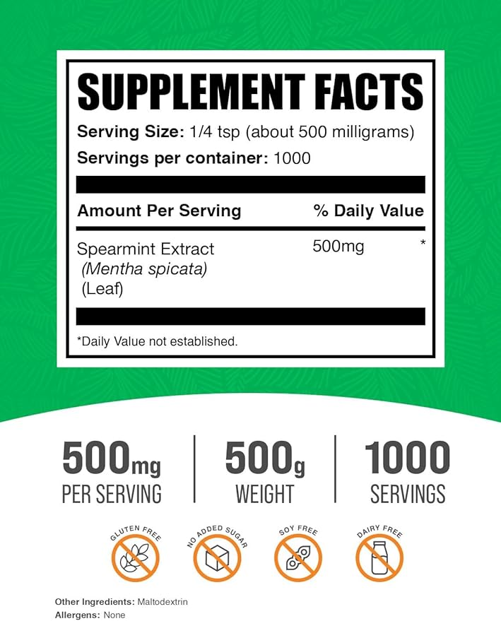 BulkSupplements.com Spearmint Extract Powder - Food-Grade Spearmint Powder Herbal Supplement - Vegan &amp Gluten Free 500mg per Serving 500g (1.1 lbs) (Pack of 1)